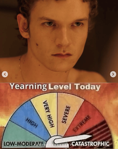 The top photo is a close, moody portrait of a shirtless young man with curly hair, a faint mustache/goatee, and a thin necklace, gazing intensely at the camera; small forward/back arrows indicate it's part of a swipeable carousel. The bottom graphic is a half-circle gauge labeled "Yearning Level Today," with colored segments running from "Low-Moderate" through "High," "Very High," "Severe," and "Extreme" to "Catastrophic" — the needle points all the way into "Catastrophic."