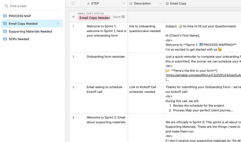 Airtable then generates organized lists of all the supporting materials needed.