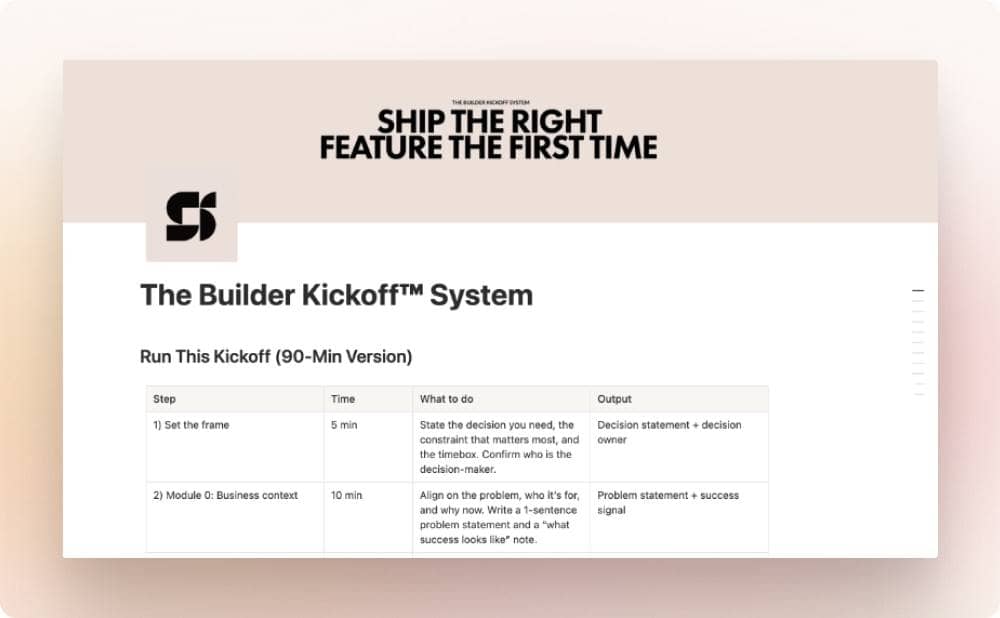 90-minute product kickoff framework showing steps to define constraints, scope, and decisions before building