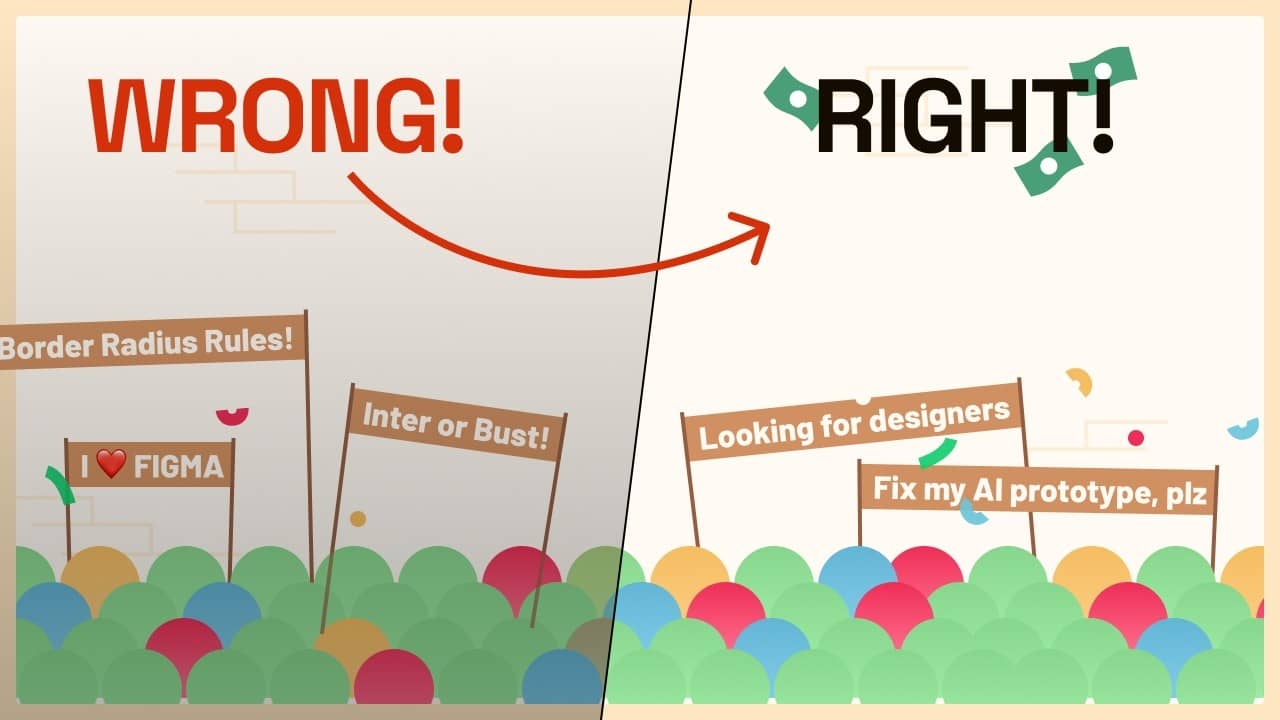 Illustration comparing wrong and right ways to approach design work, with arrows, notes, and colorful abstract shapes.