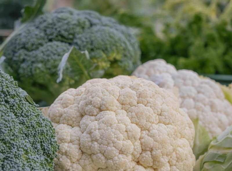 Fresh broccoli and cauliflower piled together at market.