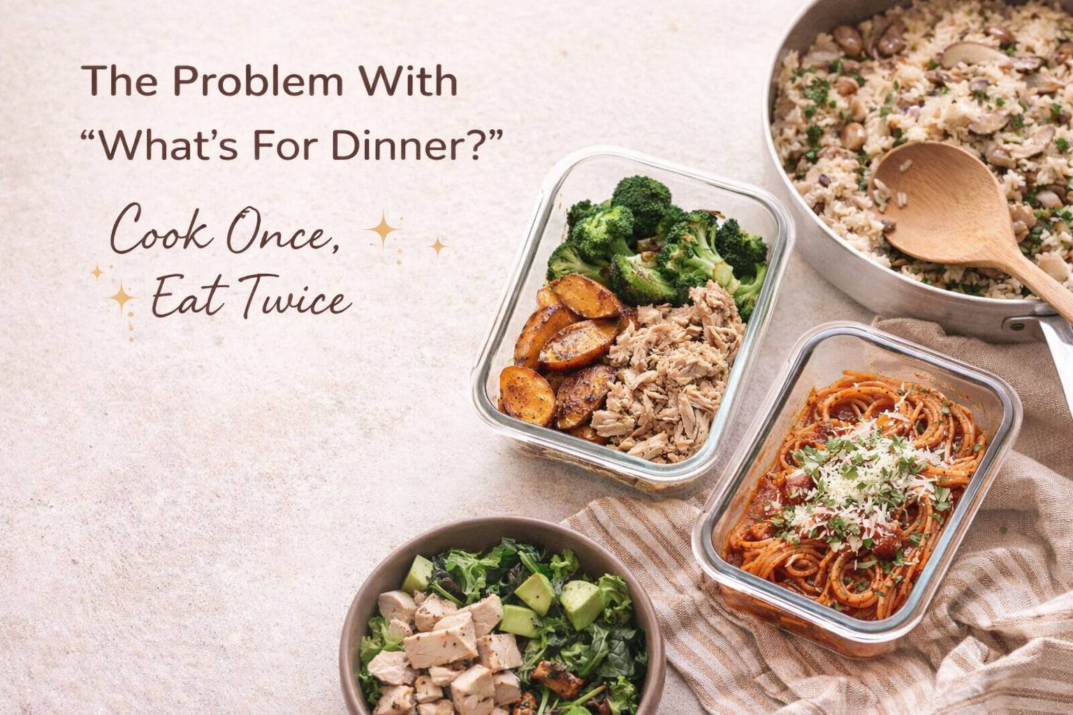 Overhead photo of meal prep containers with cooked rice and beans, roasted vegetables, shredded chicken, pasta with tomato sauce, and a bowl of salad on a light countertop. Text on the image reads “The Problem With ‘What’s for Dinner?’” and “Cook Once, Ea