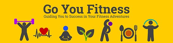 Bright yellow header image with colorful icon characters lifting a barbell, sitting in meditation, stretching, and jumping rope, plus a heart rate symbol, a plate with spoon and fork, and a small plant symbol. The text reads: "Go You Fitness — Guiding you to success in your fitness adventures."