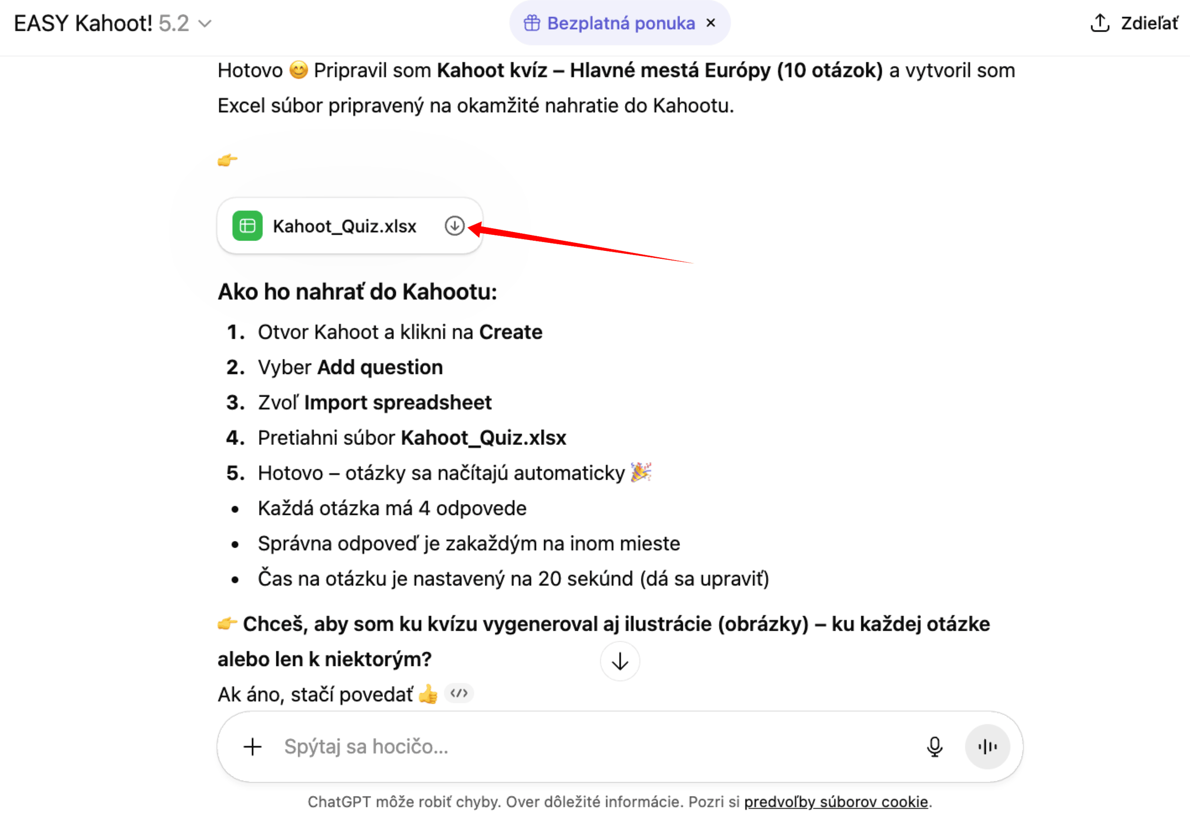 ChatGPT ponúka na stiahnutie Excel tabuľku s otázkami