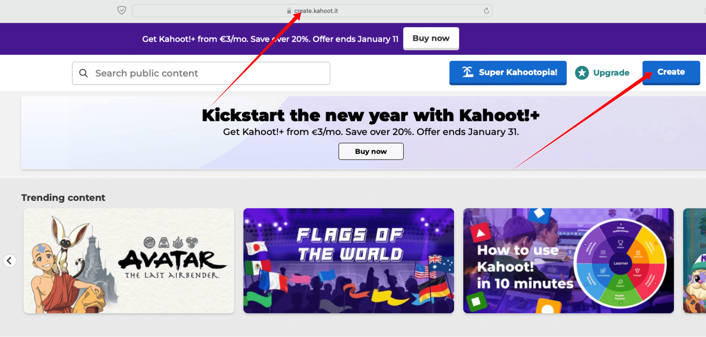 Tlačidlo Create v rozhraní Kahoot