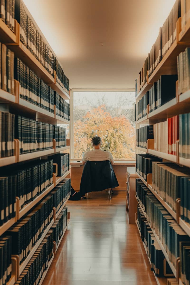 A person studies at a desk in the library.