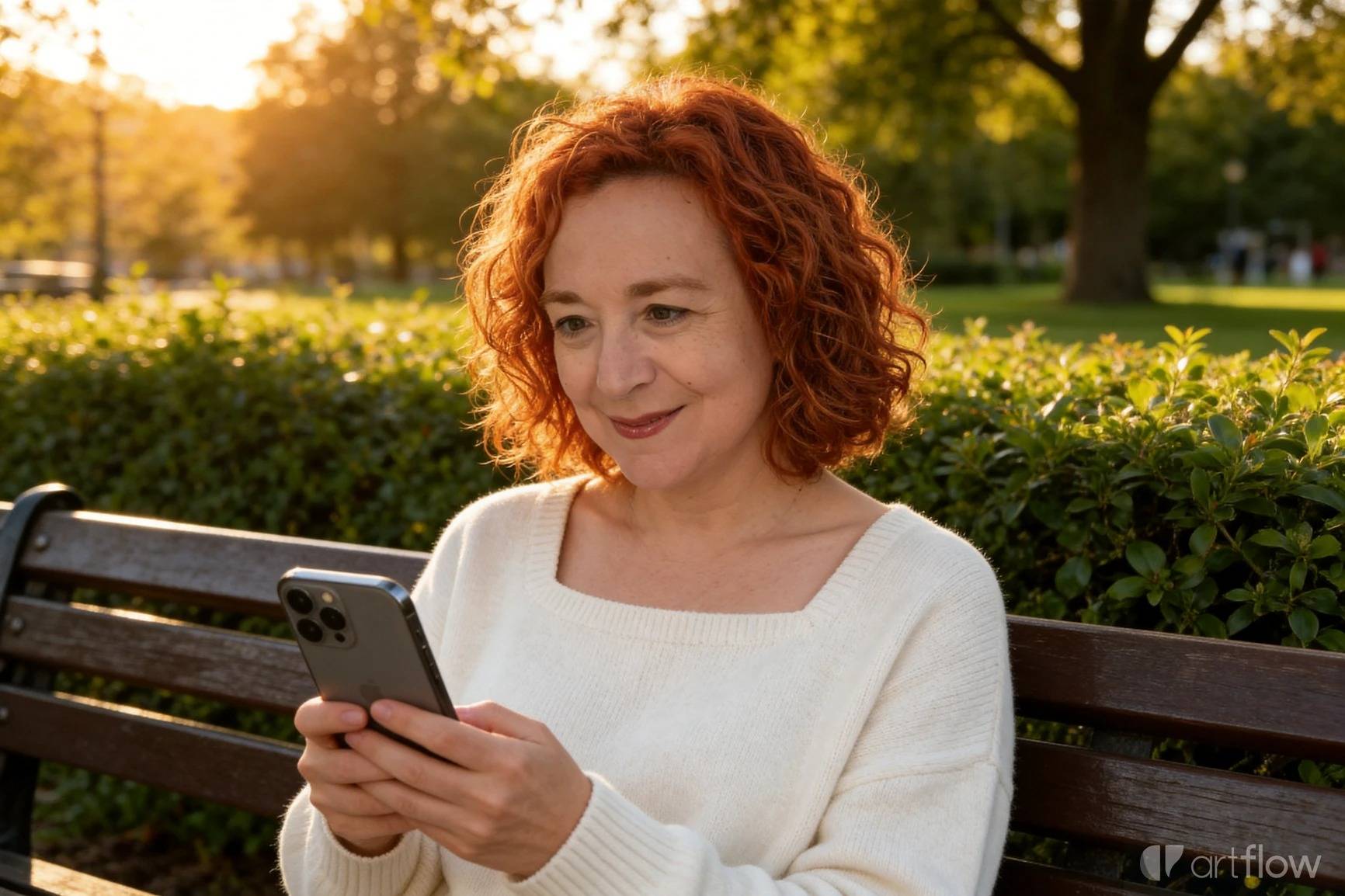 Tisha con iPhone sentada en un parque