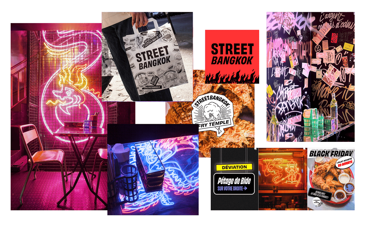 ensemble d'images qui représentent l'identité visuelle réalisée par Marine Dion pour les restaurants STREET Bangkok : néons, tags, illustrations en noir & blanc, dans une ambiance rebelle