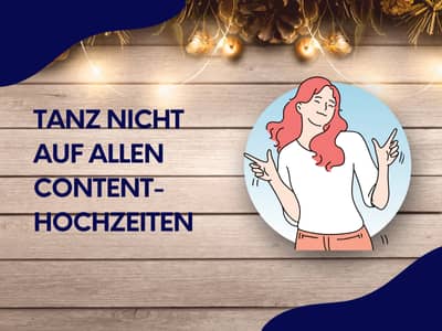Eine Illustration einer lächelnden Frau, die tanzend die Hände hebt, neben einem Text vor einem Holz-Hintergrund mit Lichterdeko.