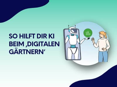 Illustration einer Person, die mit einem Roboter interagiert, der aus einem Smartphone tritt – Symbolbild dafür, wie KI beim „digitalen Gärtnern“ bzw. Content-Pruning hilft.