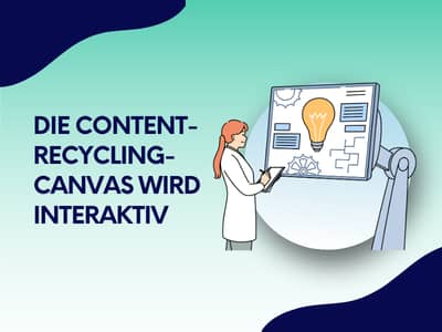 Illustration einer Frau, die an einem Whiteboard mit Glühbirne und Diagrammen arbeitet, neben dem Text „Die Content-Recycling-Canvas wird interaktiv" auf blau-grünem Hintergrund mit Wellenformen.