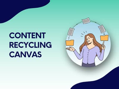 Illustration einer Frau, die Dokumente zwischen zwei Ordnern bewegt, neben dem Text ‚Content Recycling Canvas‘ auf einem grün-blauen Hintergrund.