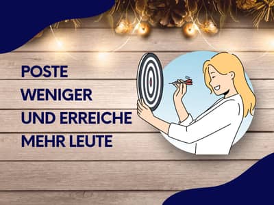 Eine Illustration einer Frau, die konzentriert Pfeile auf eine Zielscheibe richtet, neben einem Text auf einem holzfarbenen Hintergrund mit Lichterdeko.