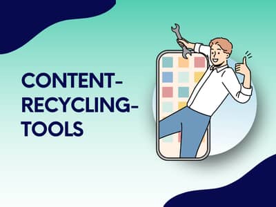 Illustration einer Person, die aus einem Smartphone steigt, einen Schraubenschlüssel hält und „Daumen hoch“ zeigt, daneben der Text „Content-Recycling-Tools“.