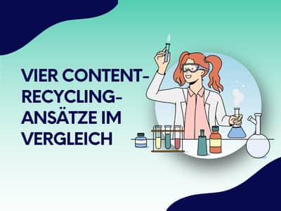 Vergleichsillustration mit vier nebeneinander dargestellten Content-Recycling-Ansätzen, auf blau-grünem Hintergrund mit Wellenformen und der Überschrift „Vier Content-Recycling-Ansätze im Vergleich“.