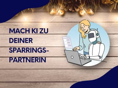 Eine Illustration einer Frau, die gemeinsam mit einem Roboter an einem Laptop arbeitet, begleitet von einem Text vor einem dekorativ beleuchteten Holz-Hintergrund.