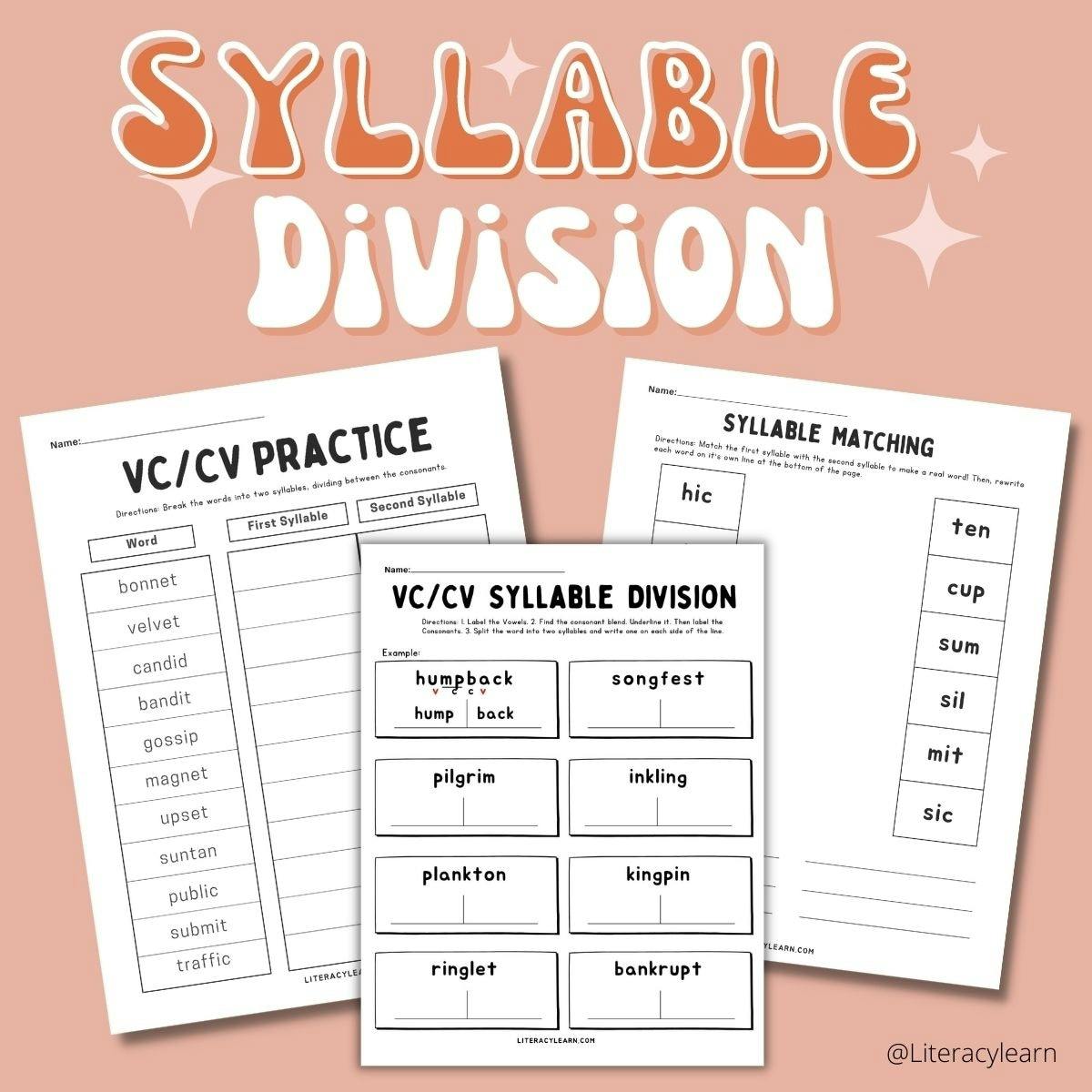 Peach colored graphic with 3 syllable division worksheets. 