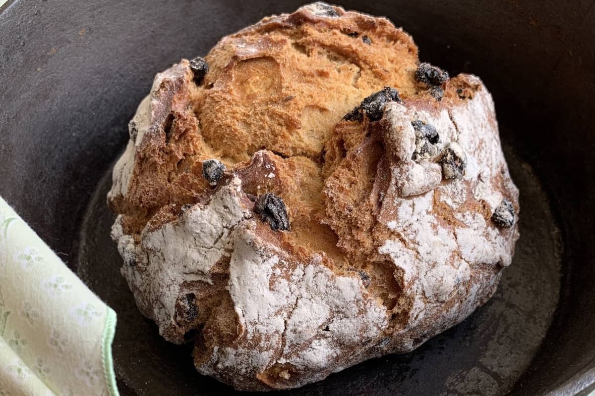 A round loaf of rustic bread with a golden-brown crust, dusted with flour and studded with raisins, sits in a dark baking pan.