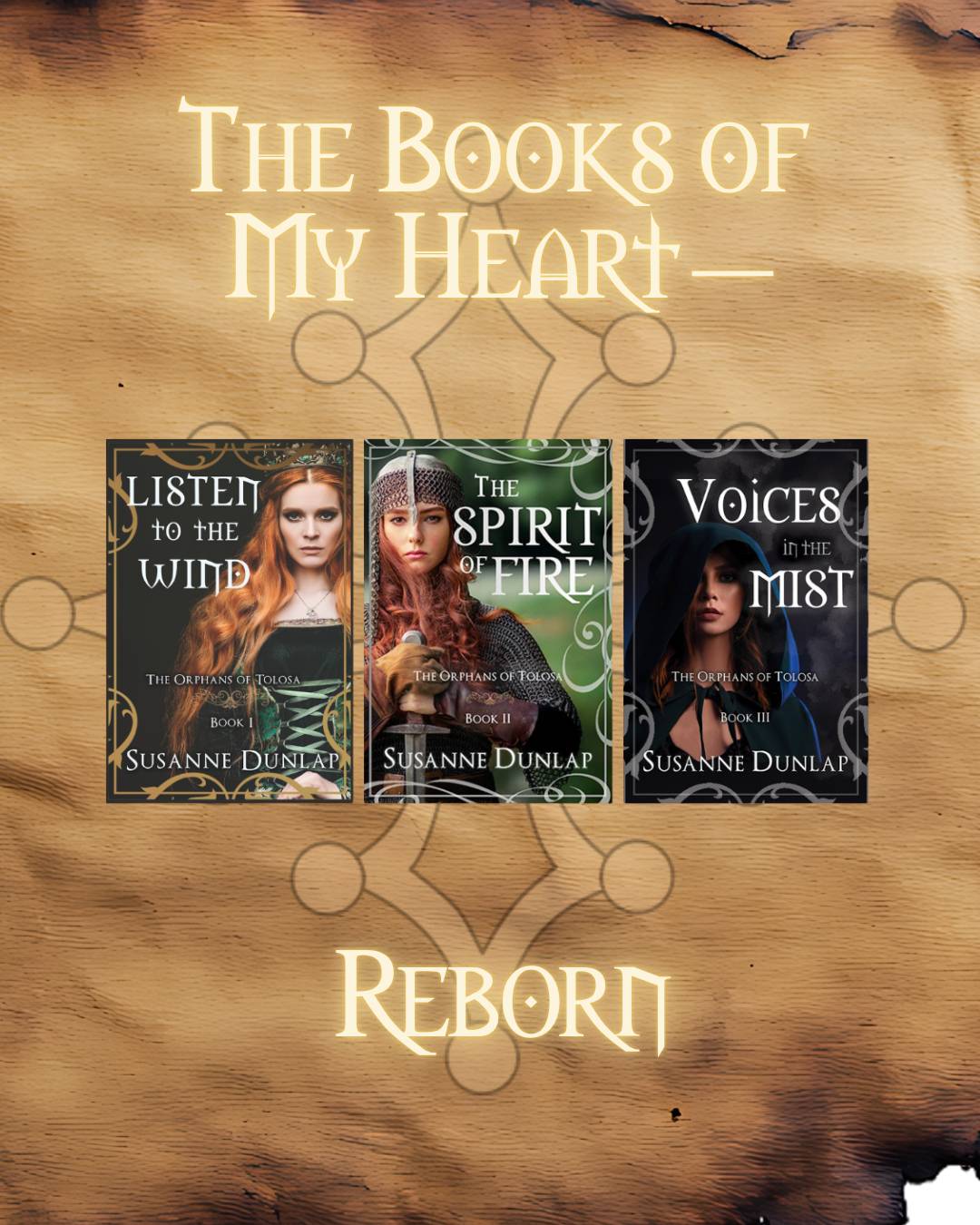 A visual of the covers of the three books in the Orphans of Tolosa Trilogy: Listen to the Wind, The Spirit of fire, and Voices in the Mist