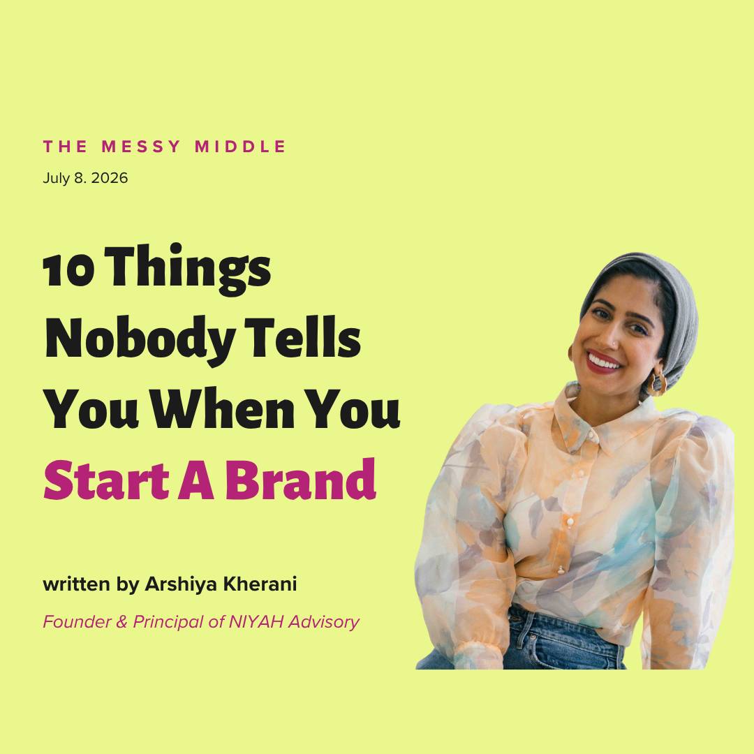 Arshiya Kherani, Executive and Founder Coach, smiling in a grey headwrap and floral watercolor blouse and jeans, on the newsletter "10 Things Nobody Tells You When You Start A Brand" about the unexpected lessons she learned building and closing her DTC br