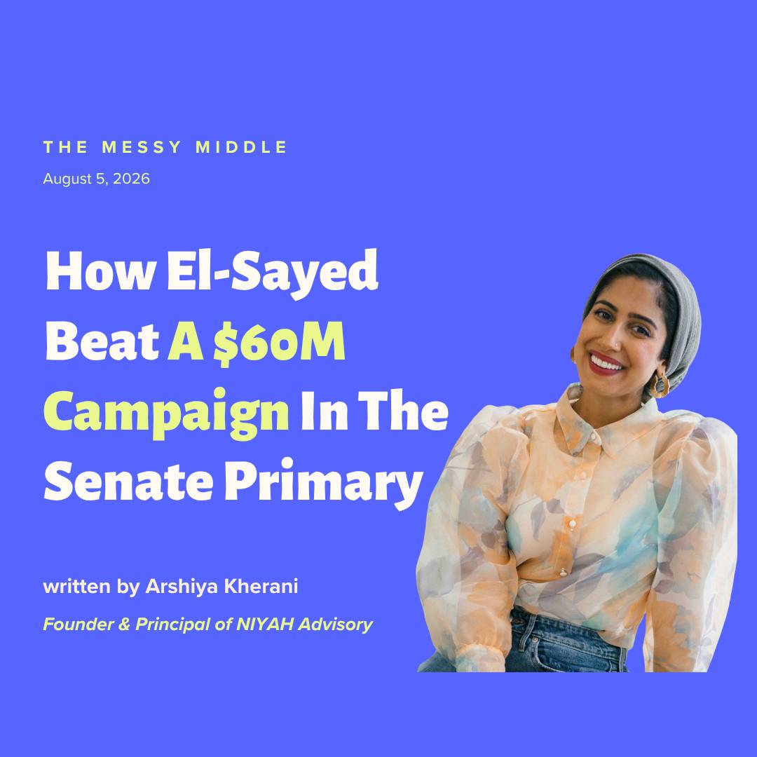 Newsletter cover image with the title "How El-Sayed Beat A $60M Campaign In The Senate Primary." Arshiya Kherani smiles while seated on the right against a blue background, with The Messy Middle branding and the publication date of August 5, 2026.