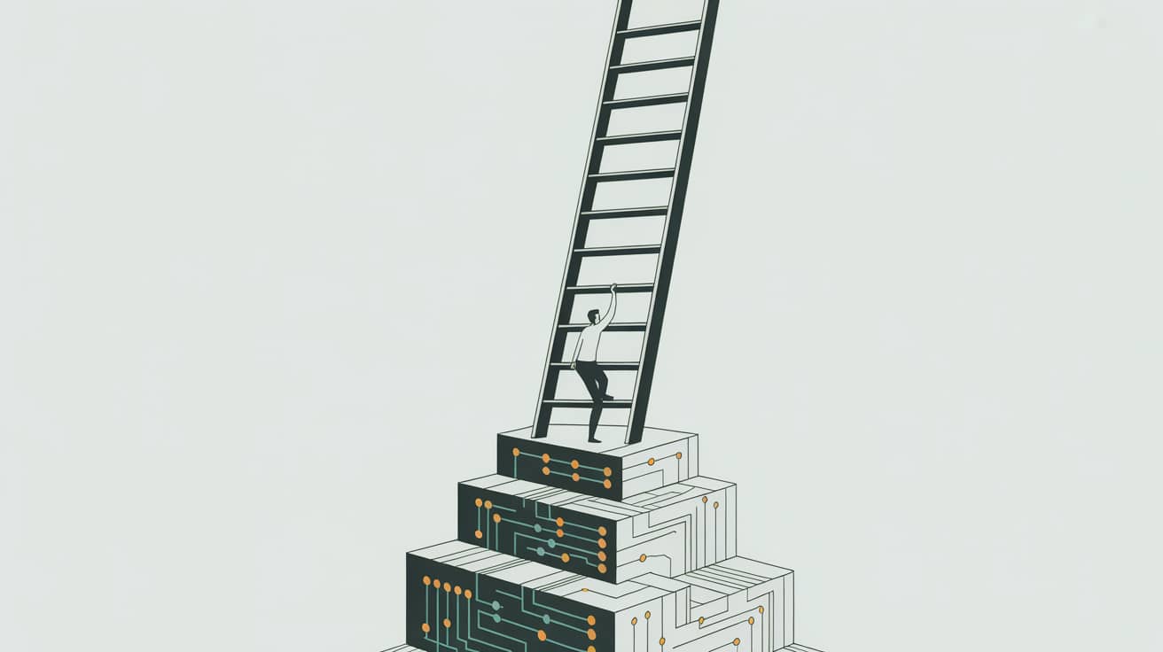 Person trying to climb up ladder based on a network of coding