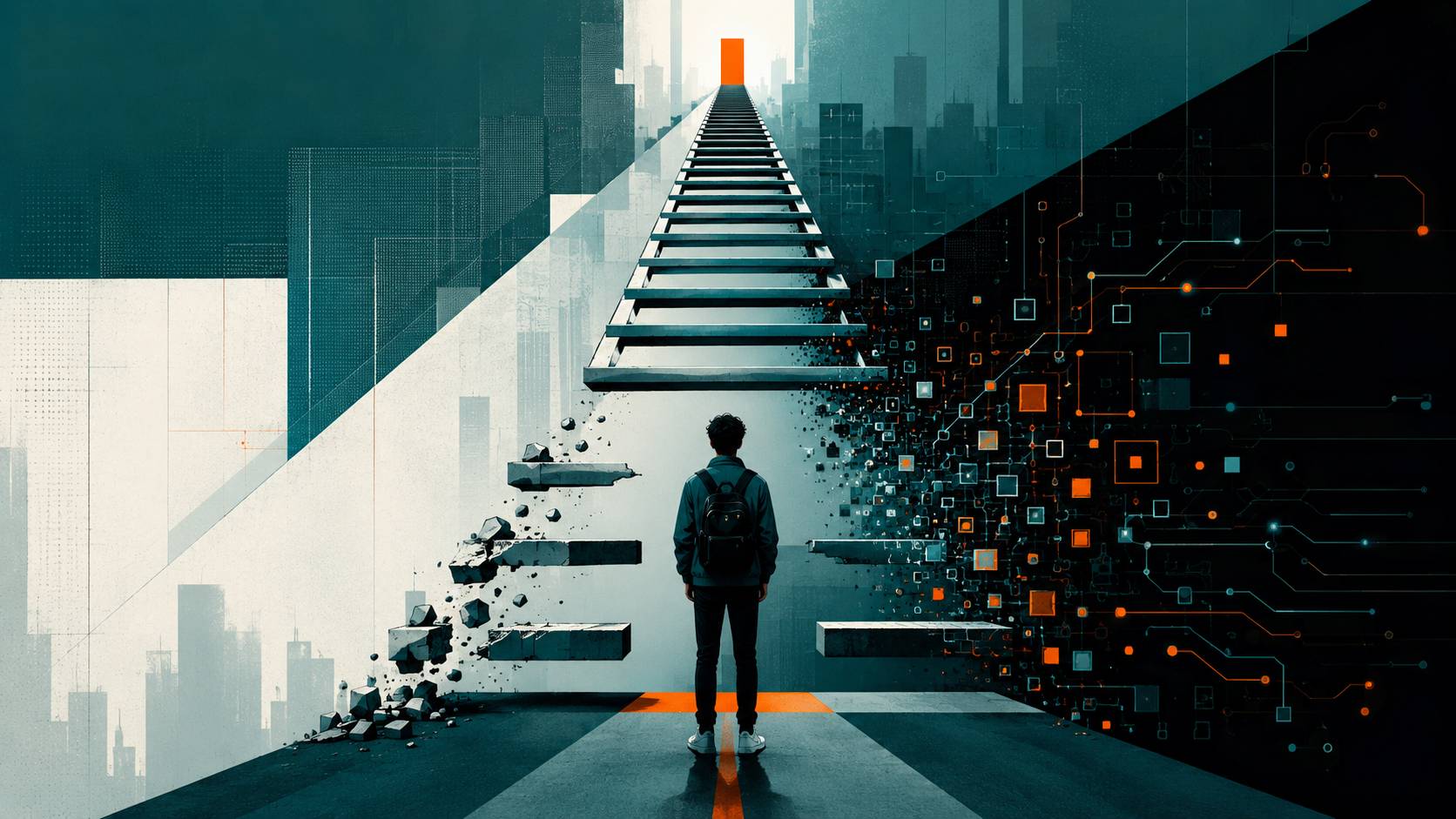 Young person at bottom of stairs that are crumbling as he tries to climb to the job at the top