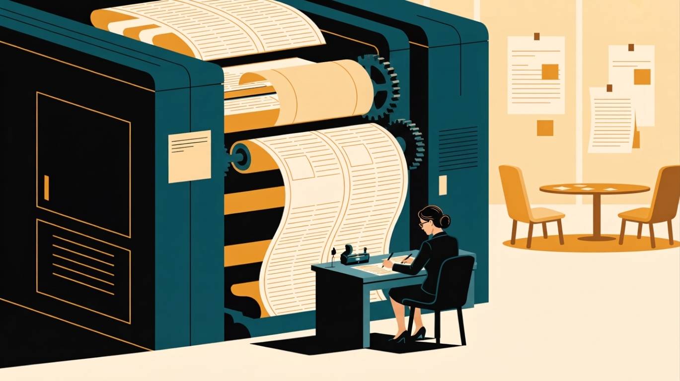 Woman sitting at desk with reams of paper coming of an AI machine