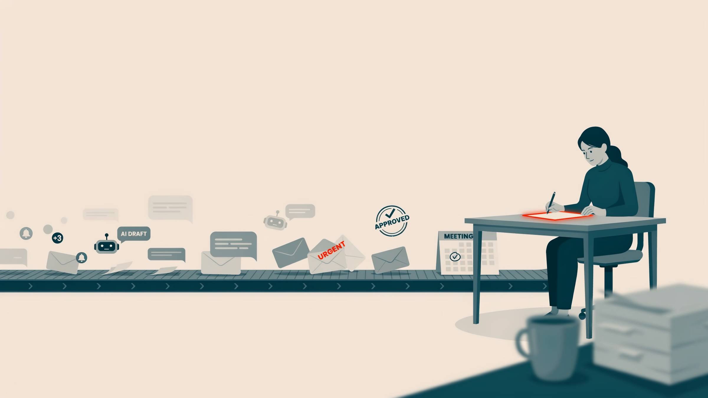 A female worker at a desk on the right with a conveyor belt of distractions passing her