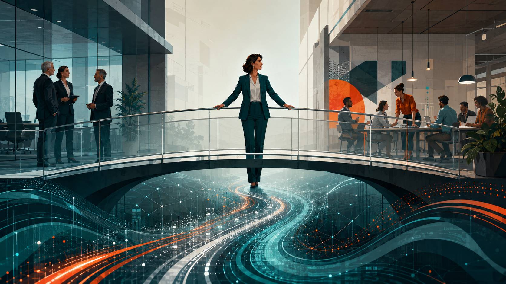 Female manager in suit on bridge over sea of data