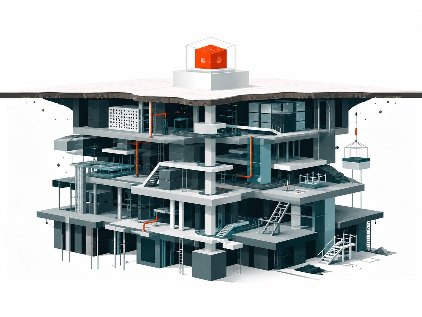 Workplace with ladders climbing up outside until it reaches an orange AI box on the roof