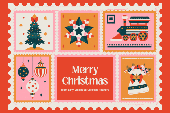 Red Pink Vintage Postage Stamp Merry Christmas Card Landscape