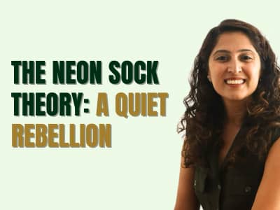 Sanam Balani smiling with the words "The neon sock theory: a quiet rebellion"