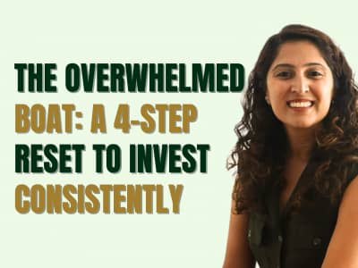 Newsletter cover: ‘The Overwhelmed Boat: A 4-step reset to invest consistently’ with a smiling woman seated on the right.