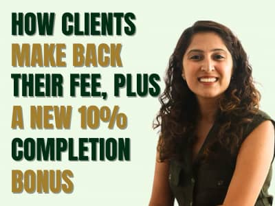 Newsletter cover image of Sanam smiling against a light green background, with the text: ‘How Clients Make Back Their Fee + A 10% Completion Bonus.’