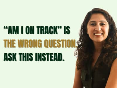 Money Mojo newsletter thumbnail with the words "Am I on track? is the wrong question" in white text on a dark green background.