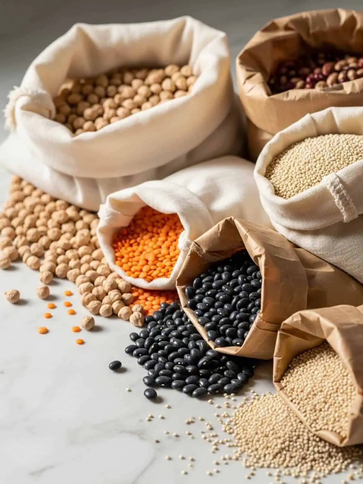 Bolsas de legumbres secas: lentejas, garbanzos, alubias negras y quinoa sobre fondo claro.