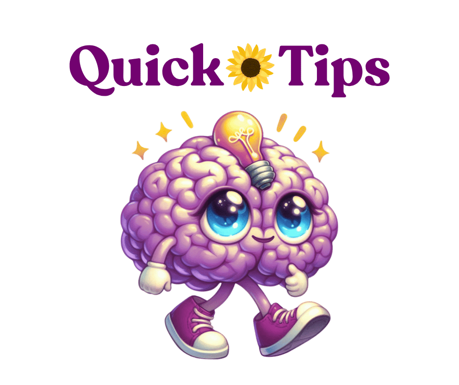 A walking purple cartoon brain with blue cartoon eyes, purple sneakers, and a yellow lightbulb on top of his brain.