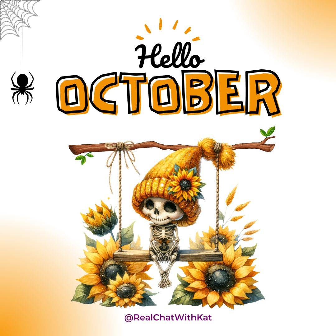 A spider hangs from the top left corner. In the middle is a tree branch with a wooden swing, there are sunflowers on the ground. On the swing sits a cute little skeleton wearing a yellow winter hat with a sunflower on it.