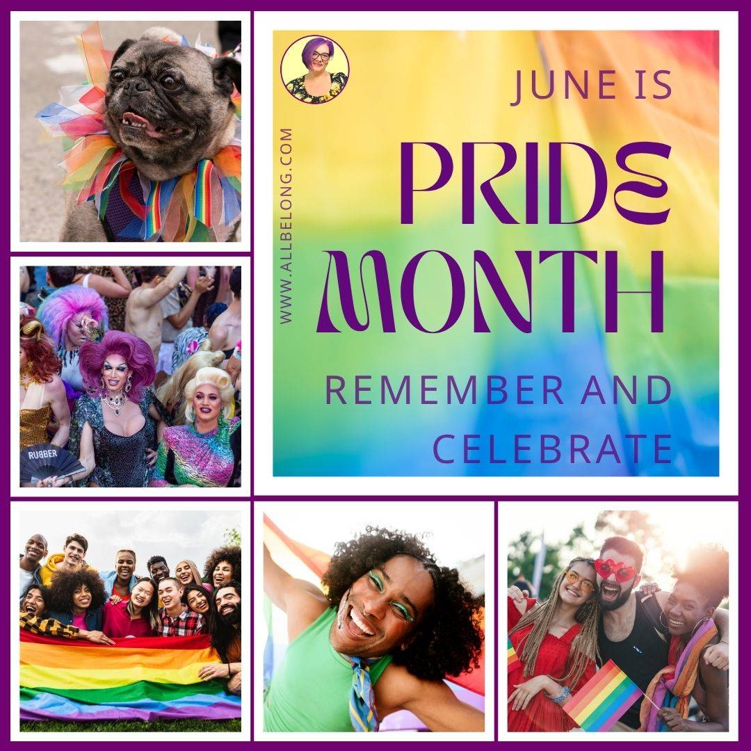 Image Description: Photos - upper left corner - adorable brown and black dog with a tulle rainbow collar Left Middle photo - Three gorgeous drag performers - one blonde, one with lovely purple hair, and one with blue-purple pink hair. Left bottom corner - a dozen humans in many colors, shapes and sizes hold a rainbow Pride Flag Bottom Center - a gloriously happy human with lovely brown skin and green eyeshadow smiles big Bottom Right Corner - three humans - the middle one is wearing red funky glasses, they are holding pride flags