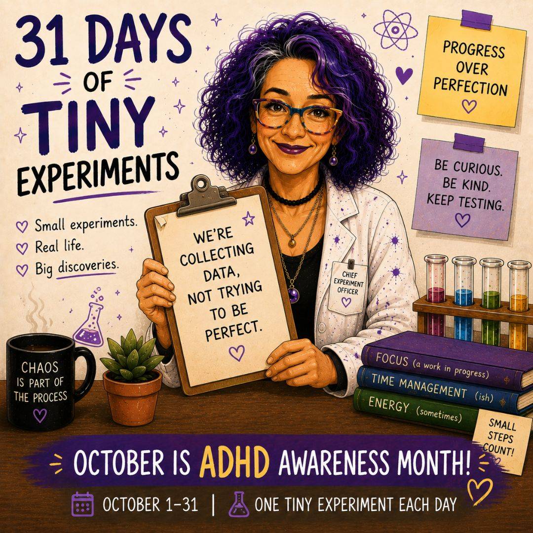 This is an AI generated image of Kat a woman with purple hair - as an adhd scientist  holding a clipboard, with books, a coffee mug, and post it notes around.
