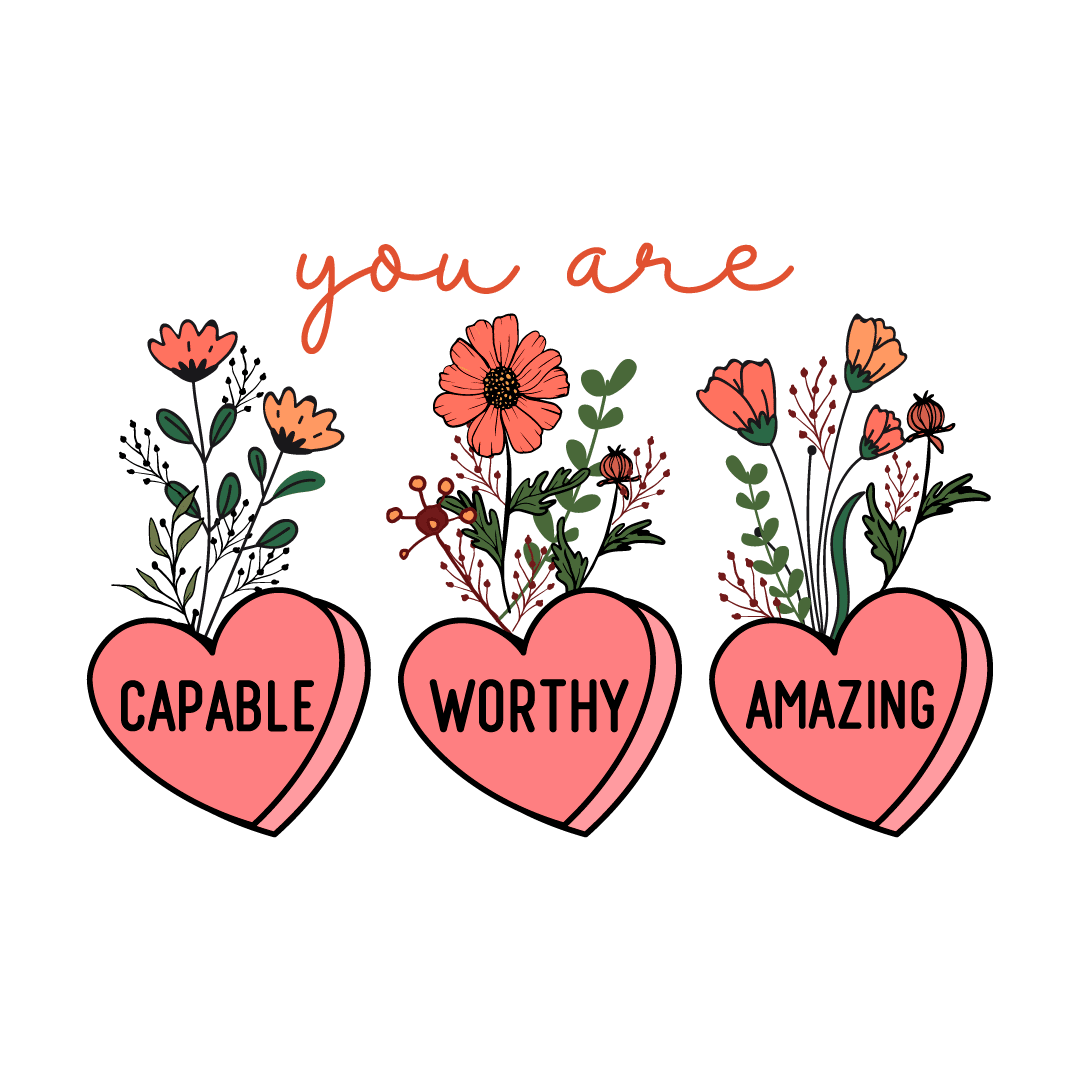 Three pink hearts have pink flowers and green stems coming from them