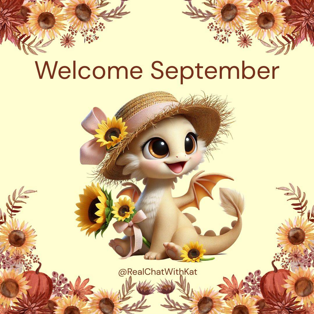 A creamy yellow colored dragon wears a straw hat and is holding sunflowers