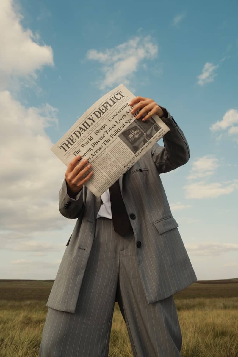 Person in suit holds newspaper obscuring face outdoors sky