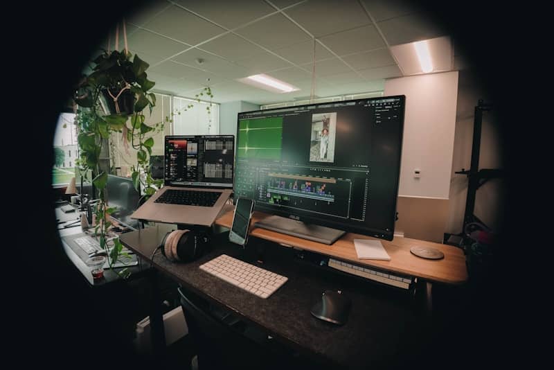 Computer workstation with multiple monitors and plants.