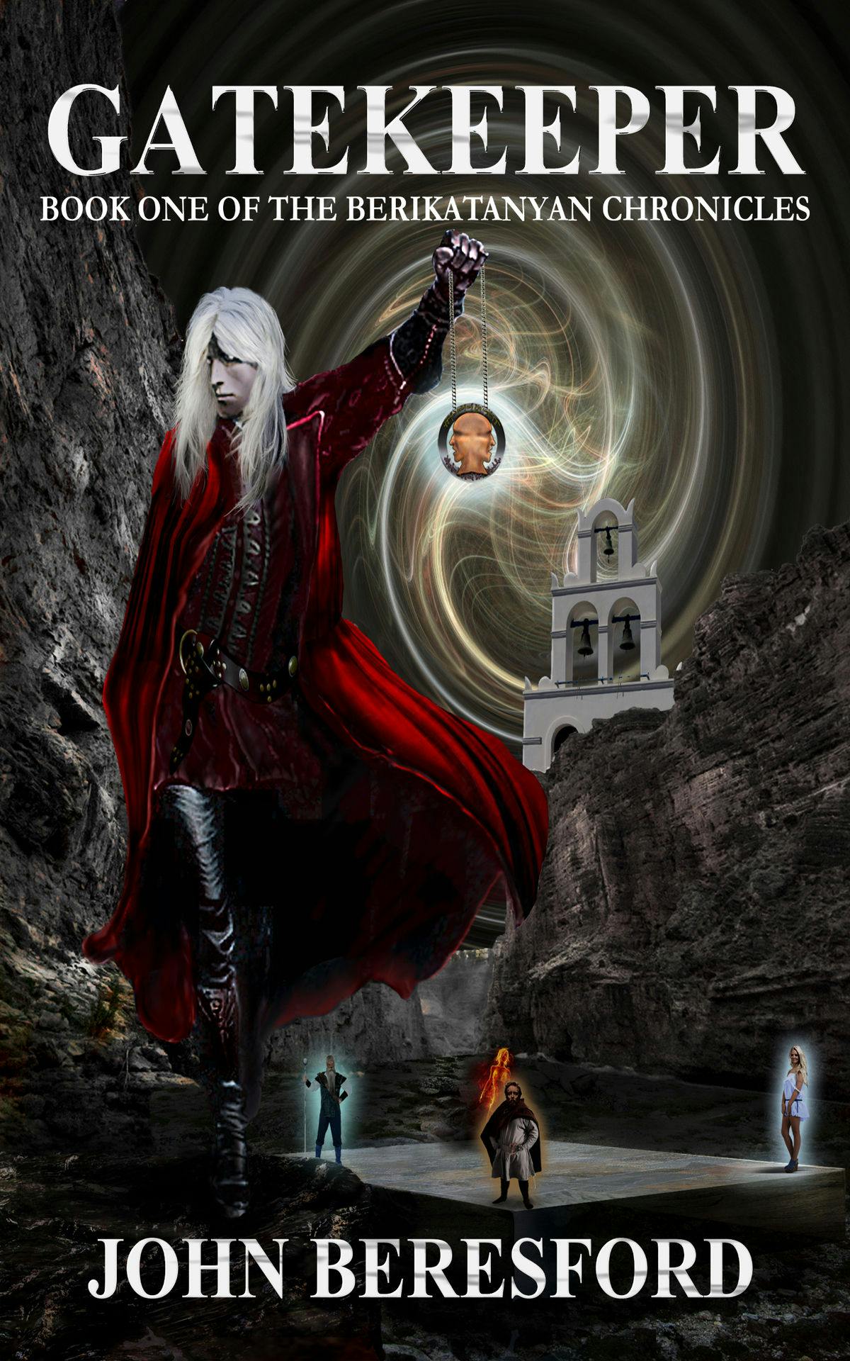 A white haired man wearing a long red coat holds a two-faced medalion in front of a swirling background  of white and gold threads.