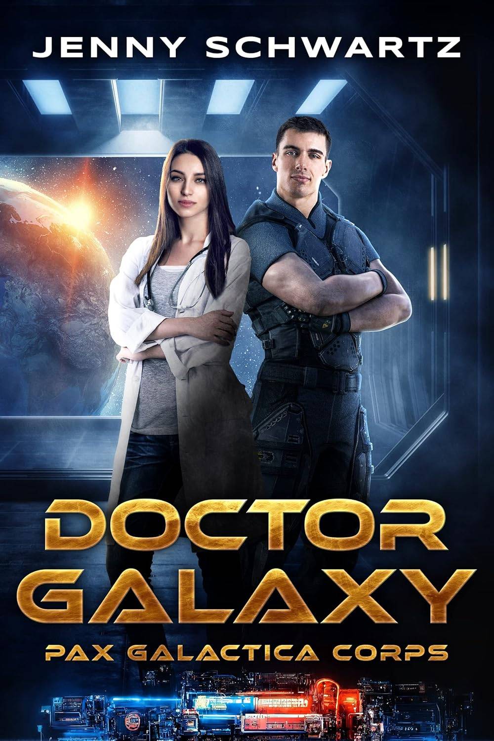 A woman in a white smock with a stethoscope around her neck and a man in a blue uniform with body armor stand shoulder to shoulder, each with their arms crossed. Behind them a window shows a distant yellow sun peaking from behind a blue and white planet.