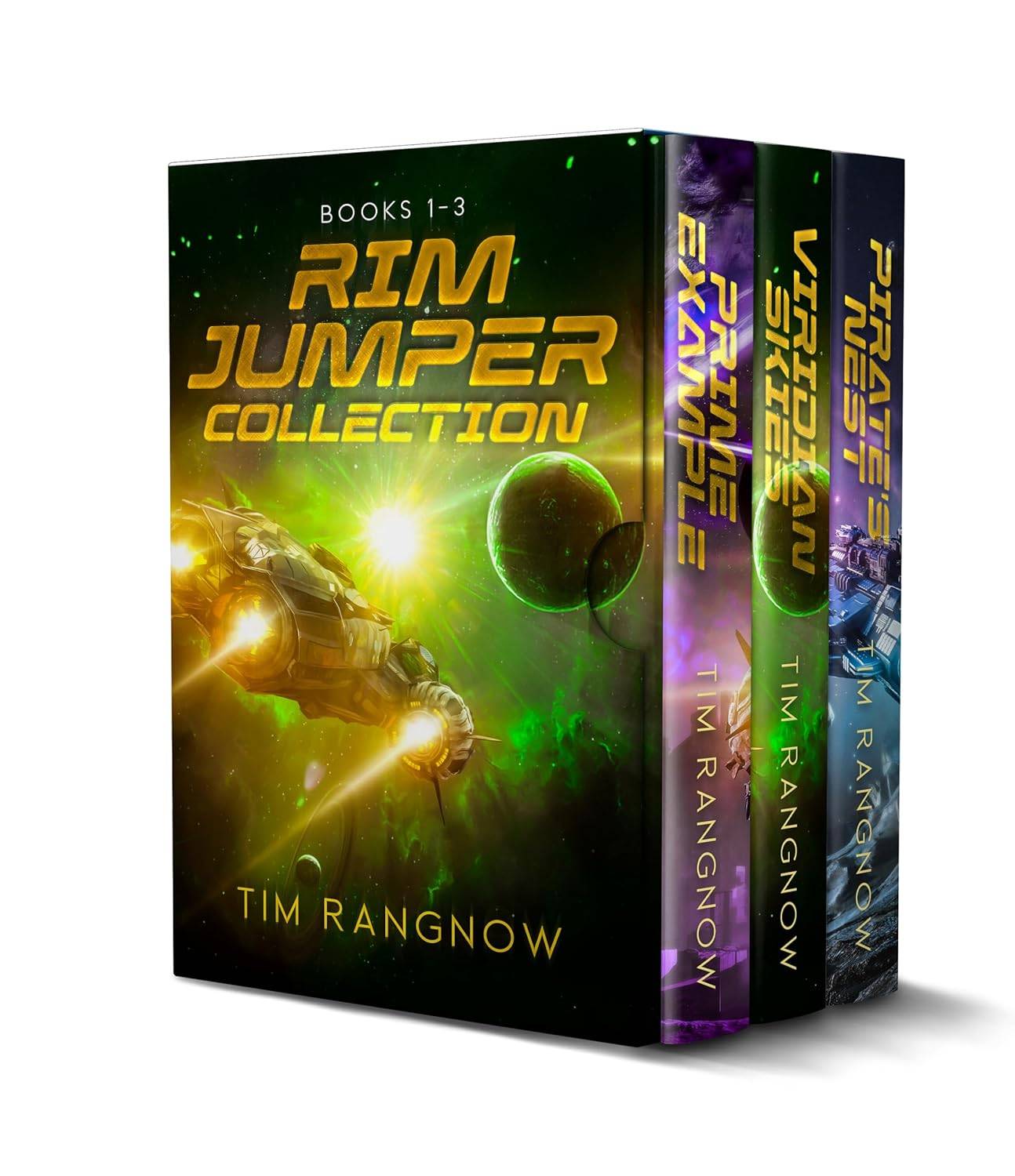 Three books with bright colors, planets and spaceships, arranged as if in  a boxed set with the spines for each title showing the titles of the individual books.