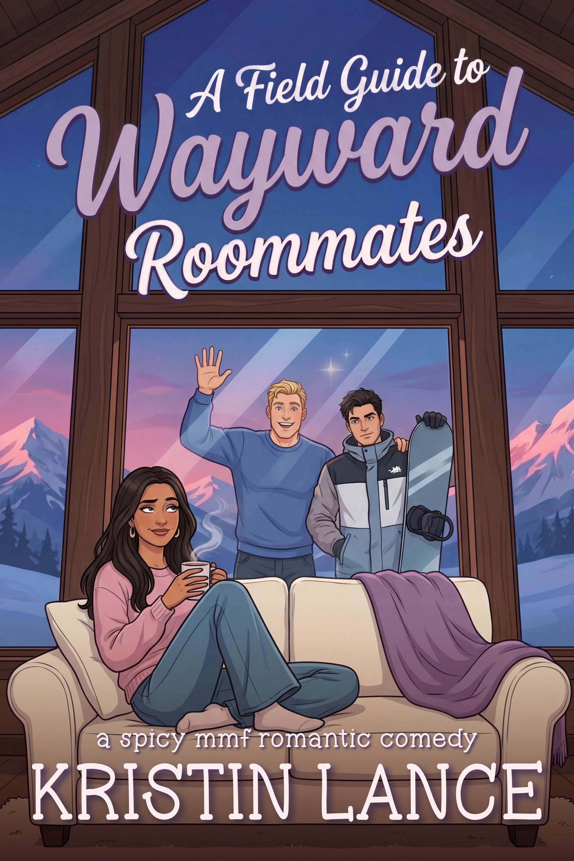 The book cover for "A Field Guide to Wayward Roommates" showing a woman sitting on the couch at a mountain lodge while two men peek in from behind her. 