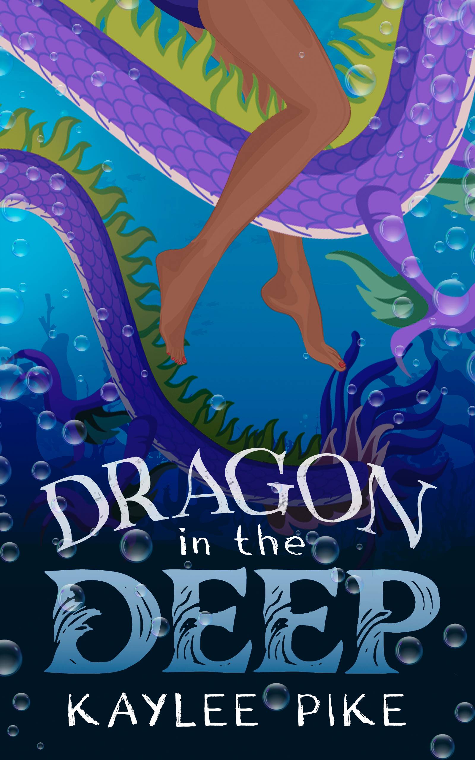 A book cover featuring a woman swimming with a dragon, titled Dragon in the Deep by Kaylee Pike